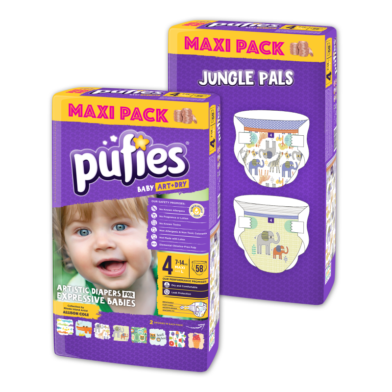 Scutece de unică folosință Pufies Maxi 4, Maxi Pack 58 buc. Jungle Pals  10193