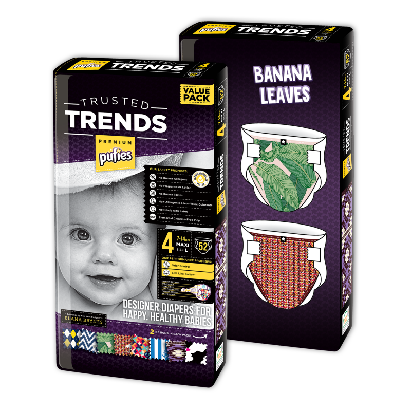 Scutece de unică folosință Pufies Trusted Trends Maxi 4, Banana leaves baby Value Pack 52 buc.  10225