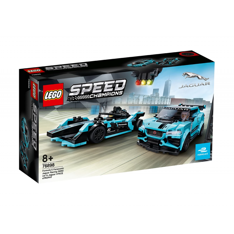 Set Lego, mașină Formula E Panasonic Jaguar Racing GEN2 și Jaguar I-PACE eTROPHY, 565 bucăți  110235