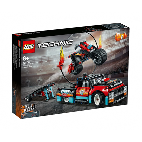 Set Lego, camion și motocicletă pentru cascadorii, 610 bucăți Lego 110433 