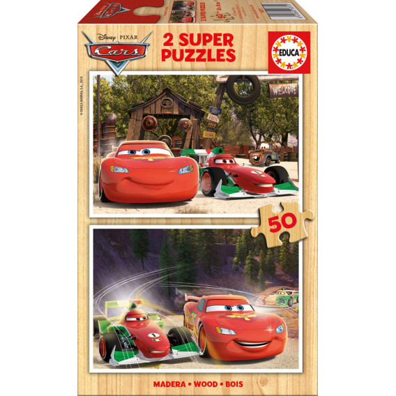 Puzzle 2 în 1 mașinuțe din lemn, 50 de piese Cars 11120 