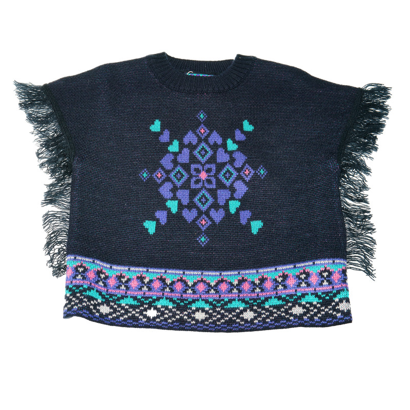 Poncho tricotat pentru fete cu franjuri, albastru închis  111289