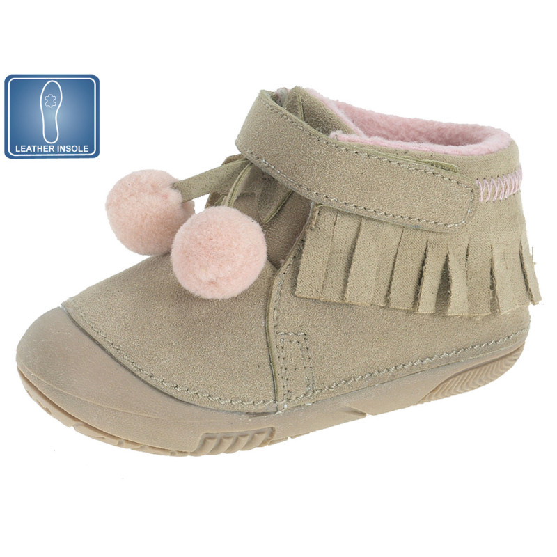 Pantofi pentru fetițe, bej cu pompoane roz  12215
