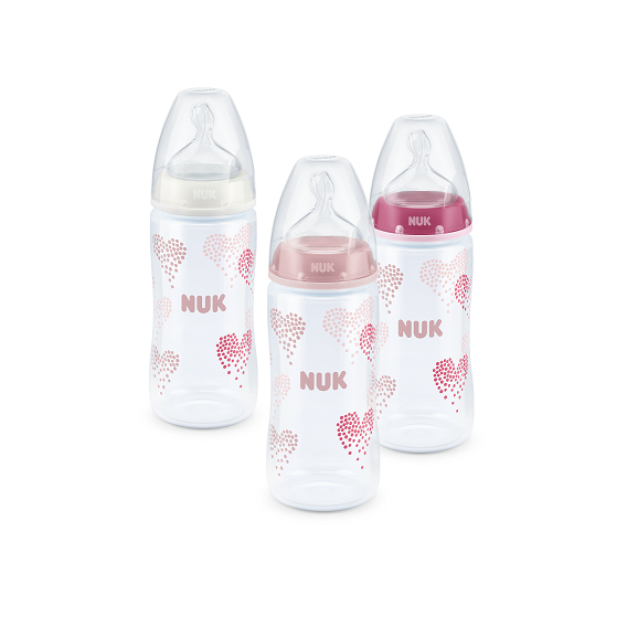 Sticlă de alimentare de 300 ml din polipropilenă roz cu suzeta M pentru copiii de 0-6 luni NUK 12790 