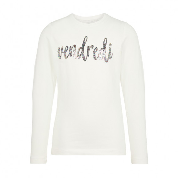 Bluză din bumbac organic, albă, cu inscripția Vendredi, pentru fete Name it 127988 