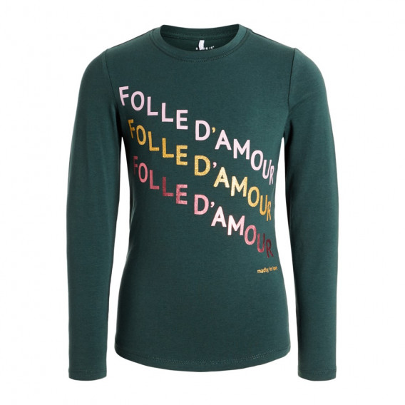 Bluză verde din bumbac organic, cu inscripție Folle d'amour, pentru fete Name it 127991 