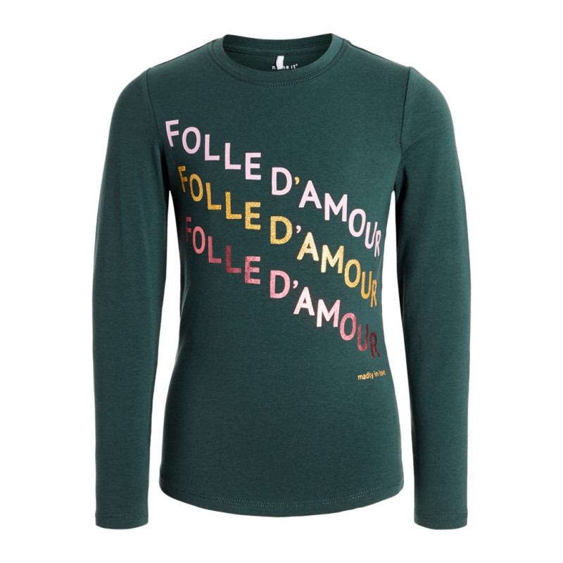 Bluză verde din bumbac organic, cu inscripție Folle d'amour, pentru fete  127991