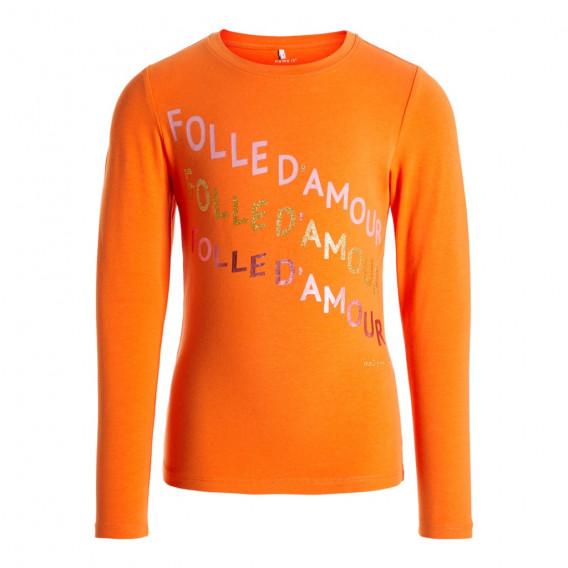 Bluză de bumbac organic, portocalie cu inscripție Folle d'amour, pentru fete Name it 127994 