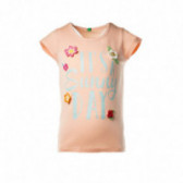 Tricou din bumbac pentru fete, roz cu aplicații Benetton 131138 