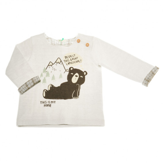 Tricou din bumbac cu mânecă lungă, pentru băieți, alb cu urs Benetton 131301 2