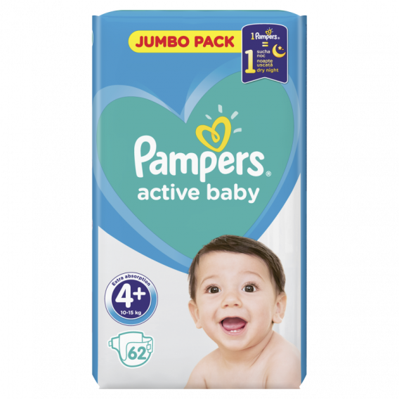 Scutece de unică folosință Active Baby, mărime 4+, 10-15 kg, 62 buc. Pampers 144539 