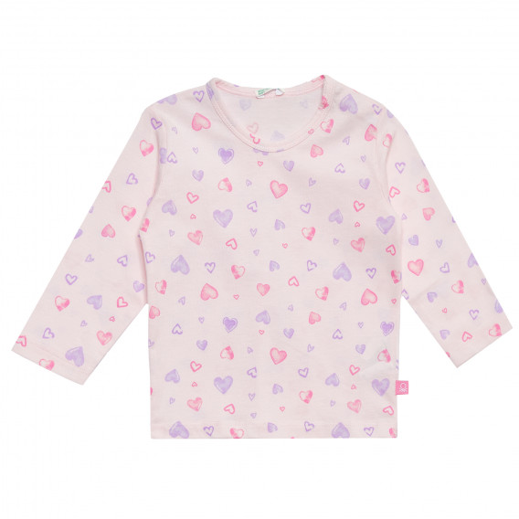 Bluză de bumbac cu mâneci lungi, pentru fete, roz cu inimioare Benetton 151573 