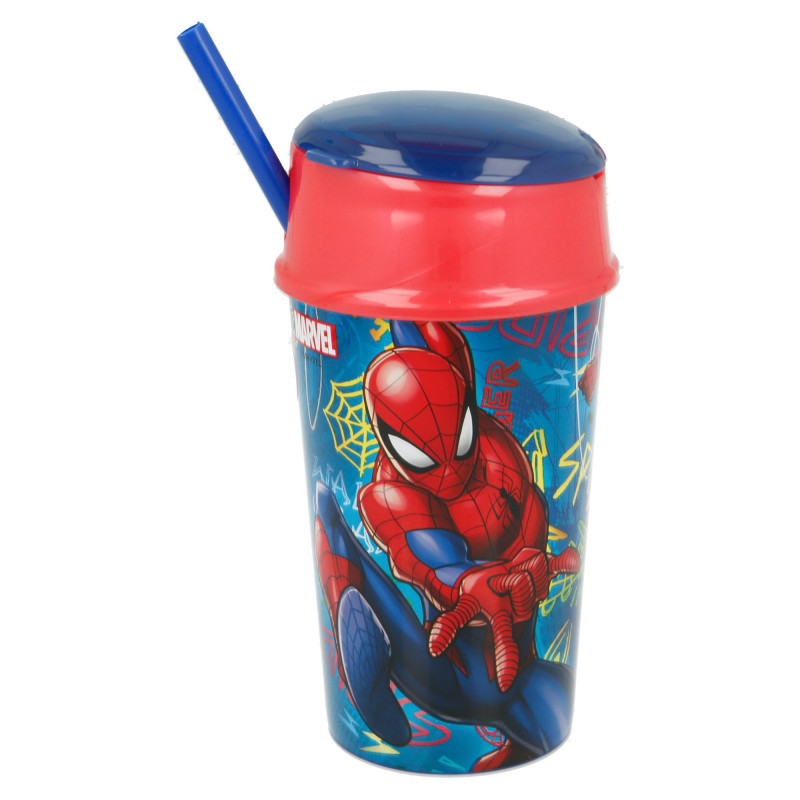 Pahar cu capac, pai și compartiment alimentar - Spiderman, 400 ml  153220