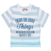 Tricou din bumbac în dungi albe și albastre cu inscripție pentru bebeluși Boboli 154842 