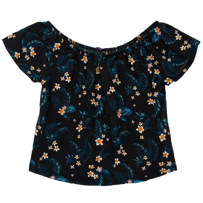 Tricou pentru fete, negru cu flori multicolore  156077