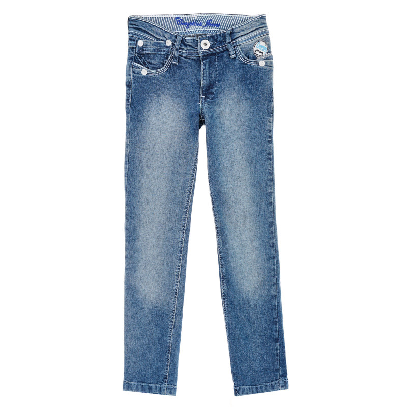 Jeans, albaștri, pentru fete cu detaliu brodat pe buzunar  157224