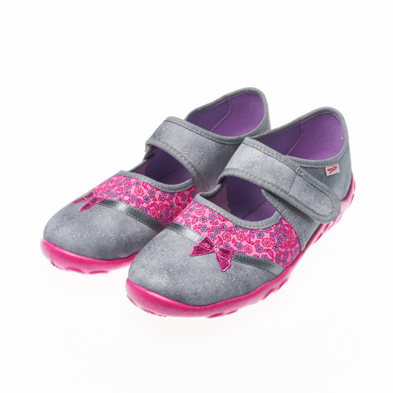 Papuci gri pentru fete, cu flori roz pe tălpi Superfit 16718 