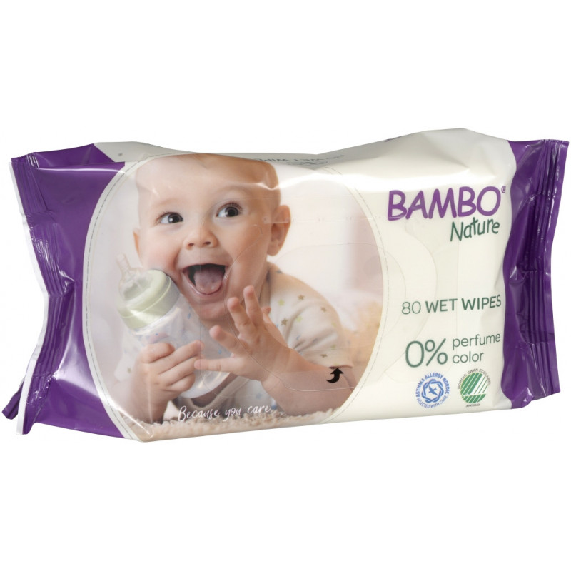 Șervețele umede pentru bebeluși fără alcool și parfum cu acoperire dură - Bambo Nature, 80 buc.  171207