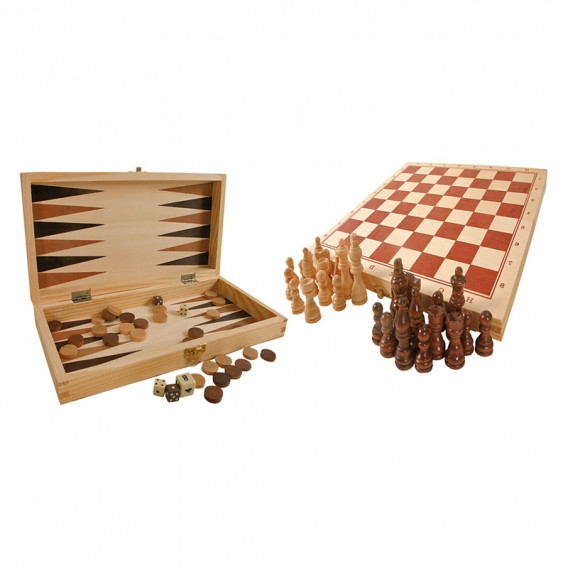 Jocuri de șah, table și zaruri - 3 în 1 într-o cutie de lemn Small Foot 172472 