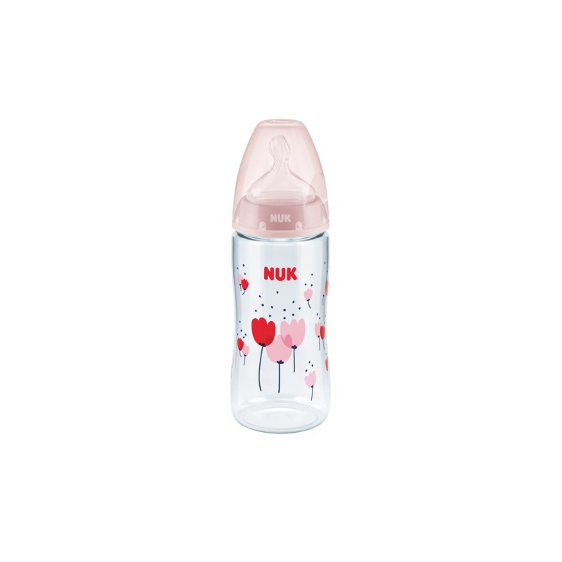 Sticlă de culoare roz din polipropilenă, First choice, control Termo cu tetină debit mediu pentru 0-6 luni, 300 ml.  181478