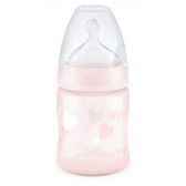 Sticlă din polipropilenă de culoare roz cu imprimeu inimă, trandafir cu suzetă debit mediu pentru vârsta de 0-6 luni, 150 ml. NUK 181498 