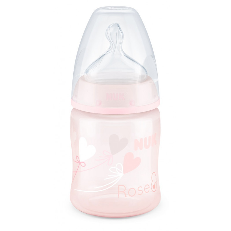 Sticlă din polipropilenă de culoare roz cu imprimeu inimă, trandafir cu suzetă debit mediu pentru vârsta de 0-6 luni, 150 ml.  181498