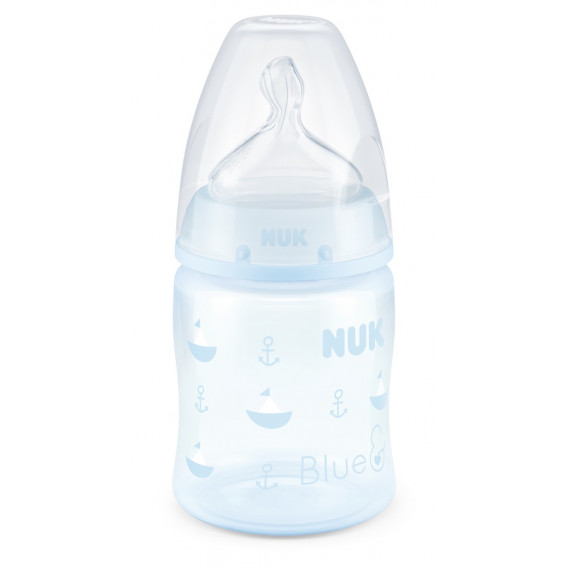 Sticlă din polipropilenă de culoare albastră, First choice, cu suzetă debit mediu pentru 0-6 luni, 150 ml NUK 181500 