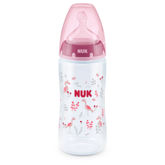 Sticlă din polipropilenă de culoare roz, First choice, cu tetină debit mediu pentru 0-6 luni, 300 ml. NUK 181504 