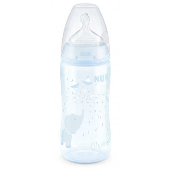 Sticlă de culoare albastră din polipropilenă cu tetină debit mediu de 0-6 luni, 300 ml. NUK 181507 