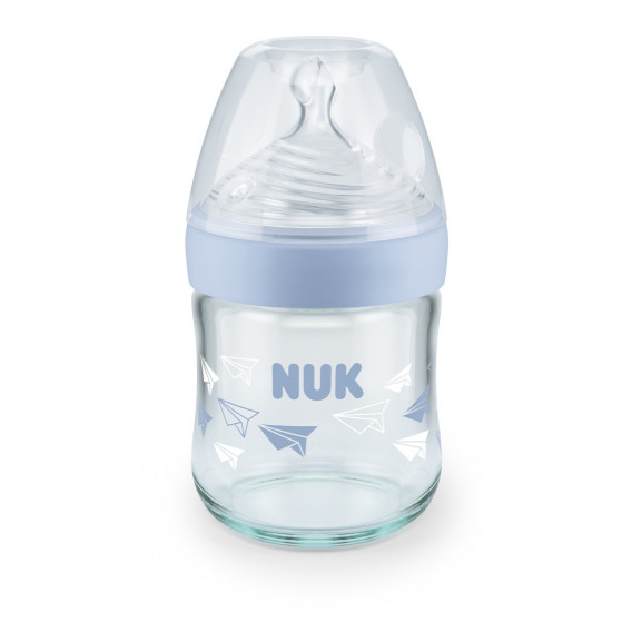 Biberon de sticlă de culoare albastră Nature Sense cu tetină cu debit lent 0-6 luni, 120 ml NUK 181528 