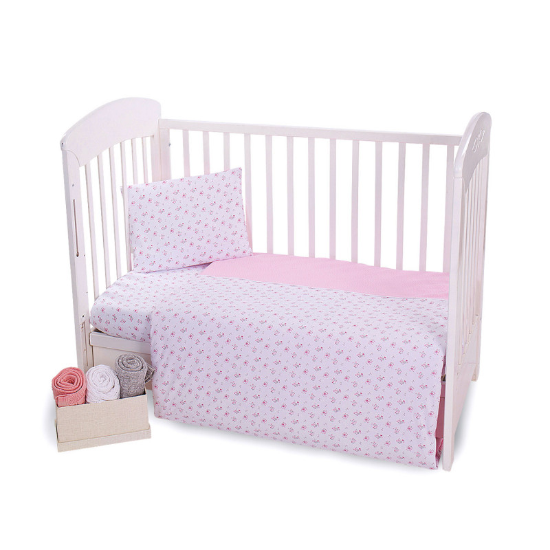 Set de lenjerie de pat pentru bebeluși - Jersey 4 piese, flori roz, 70x140 cm.  189303