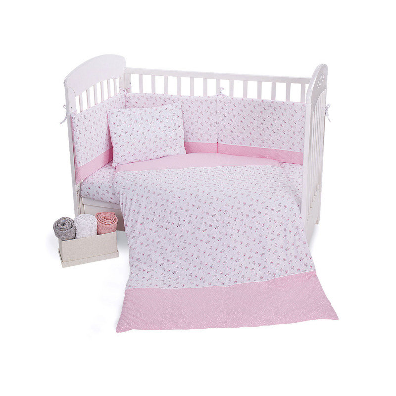 Set de lenjerie de pat pentru bebeluși - Jersey 5 buc, flori roz, 60x120 cm.  189306
