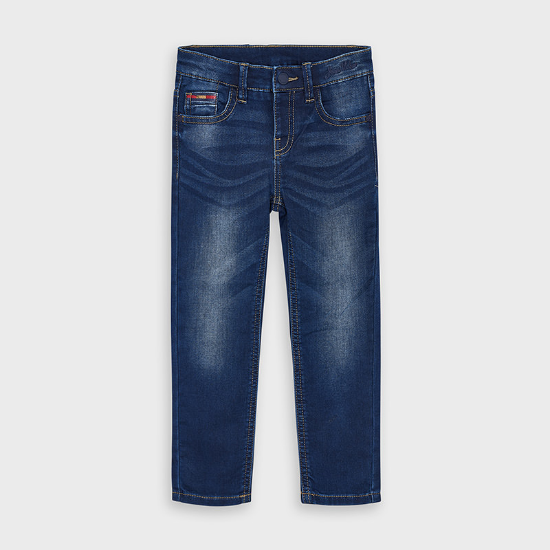 Jeans cu efect uzat și cusături colorate pentru băieți, albastru  189720