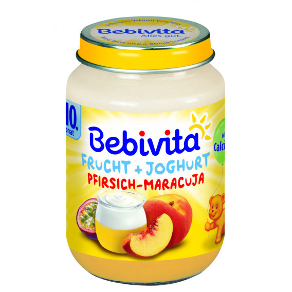 Piure de iaurt, piersică și fructul pasiunii, 9-11 luni, borcan 190 g. Bebivita 19657 