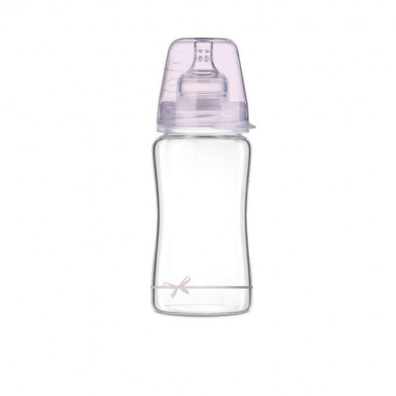 Flacon din sticlă borosilicată Diamond Glass cu suzetă, lent, 3+ luni, 250 ml., Roz Lovi 211166 