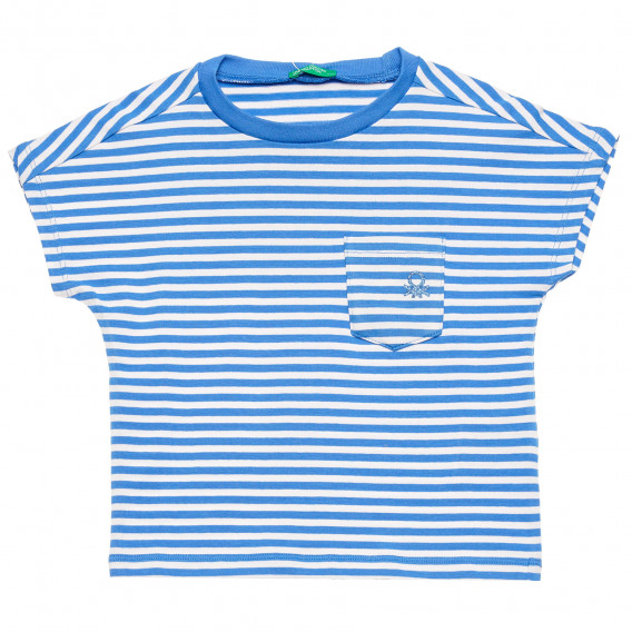 Bluză din bumbac cu mâneci scurte și sigla mărcii, alb și albastru Benetton 215767 