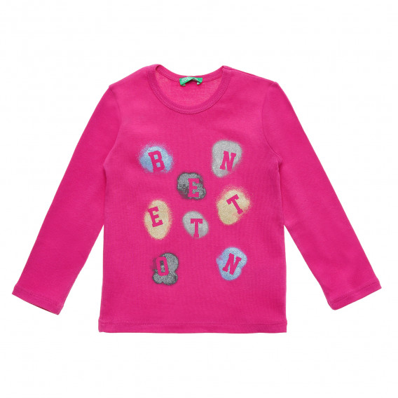 Bluză din bumbac cu inscripție logo, roz Benetton 215987 