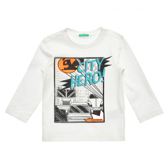 Bluză albă din bumbac cu imprimeu city hero pentru bebeluși Benetton 216940 