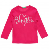 Bluză roz din bumbac cu mâneci lungi, cu inscripția mărcii Benetton 217016 