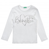 Bluză albă din bumbac cu mâneci lungi, cu inscripția mărcii Benetton 217052 