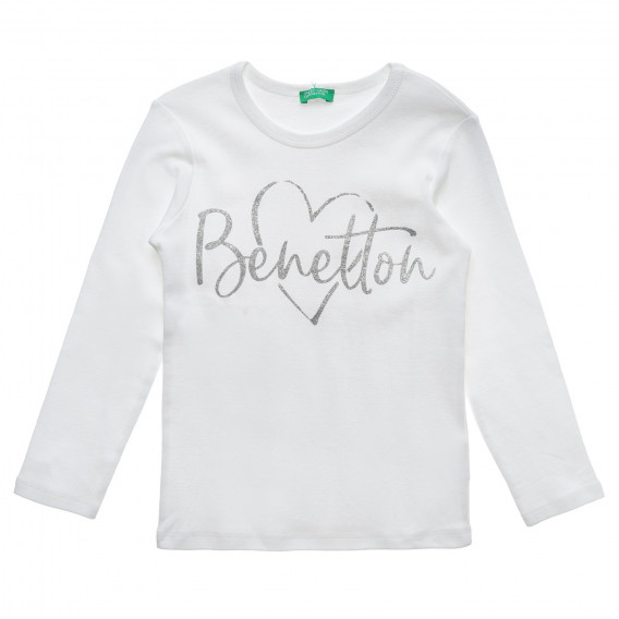 Bluză albă din bumbac cu mâneci lungi, cu inscripția mărcii Benetton 217052 