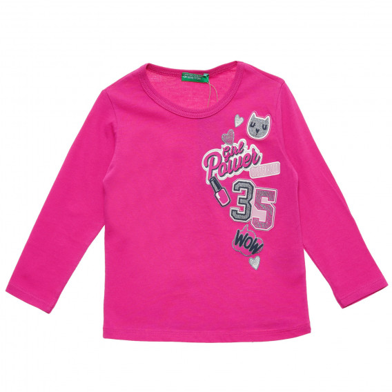 Bluză roz din bumbac cu inscripția Girl Power 35 Benetton 217483 