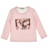 Bluză roz din bumbac cu inscripție din brocart Benetton 217656 