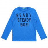Bluză din bumbac cu inscripția Ready Steady Go, albastră Benetton 221059 