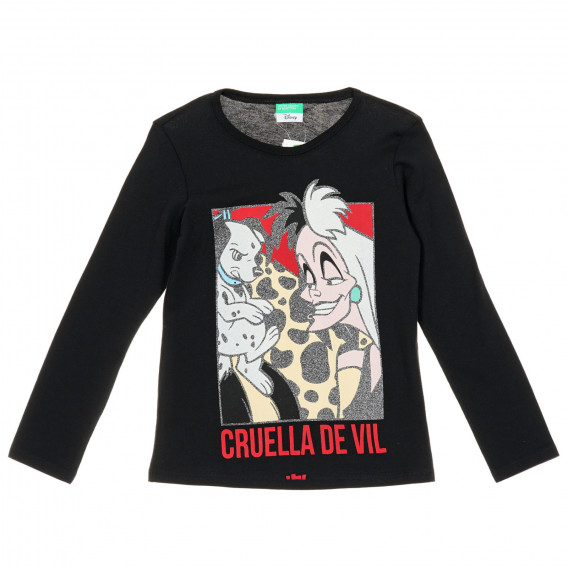 Bluză din bumbac cu imprimeu Cruella De Vil, neagră Benetton 221143 