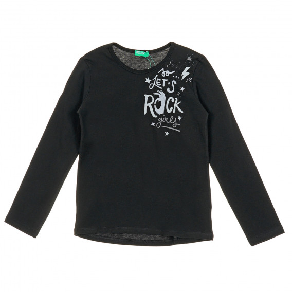 Bluză din bumbac cu mâneci lungi și inscripția So Lets Rock, neagră Benetton 221351 