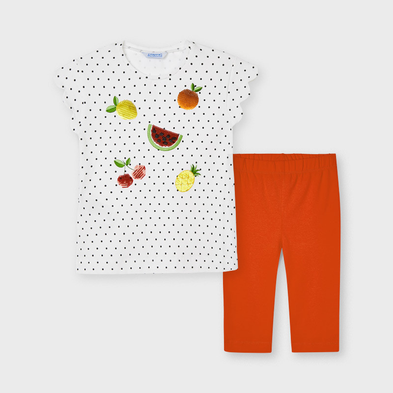 Tricou și colanți din bumbac, în alb și portocaliu  222555