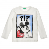Bluză din bumbac cu mâneci lungi și imprimeu Mickey Mouse, alb Benetton 223269 