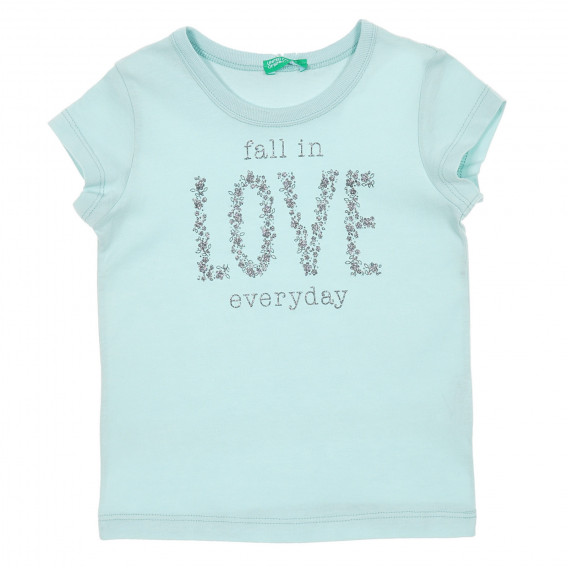 Tricou din bumbac cu inscripția Se îndrăgostește în fiecare zi de un bebeluș, albastru Benetton 224426 