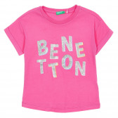 Tricou din bumbac cu inscripție din brocart pentru bebeluși, roz Benetton 224454 
